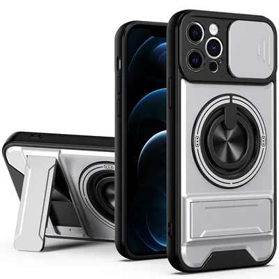Obrázek produktu pro Magnetické pouzdro pro iPhone 12 Pro Ochranné pouzdro s posuvným krytem fotoaparátu a kroužkovým stojánkem Stříbrná