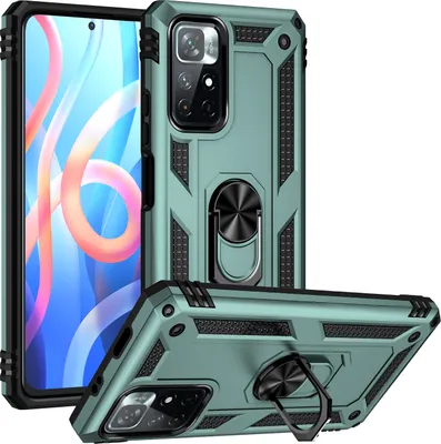 Produktbild von Redmi Note 11 Hülle, Dual Layer Militäre Fallschutz Schutzhülle mit Ringhalterung Ständer für Xiaomi Redmi Note 11 Grün