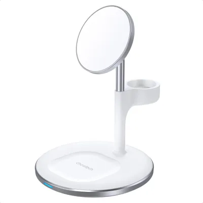 A white 3-in-1 wireless charging stand with a mirror on top.
