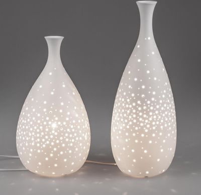 2er Set Deko Lampen, Leuchten FLASCHEN H. 34 + 42cm weiß Porzellan Formano