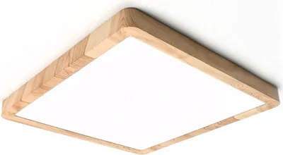 A square LED ceiling light with a wooden frame against a white background.