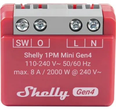 Zdjęcie produktu dla Shelly 1PM Mini Gen4, Mądry przełącznik, Bezprzewodowy, Plastik, 30 m, 50 m, Czerwony