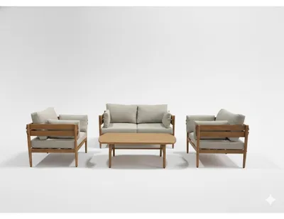 Image de Salon de jardin SELVANO 4 places en aluminium effet bois avec coussins beige et table basse