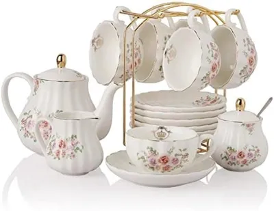 Produktbild von PromoHome® Porzellan Teeservice Set - 16-teilig mit Teekanne und Blumenmuster