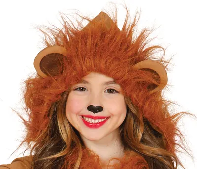 A young girl wearing a lion costume hood and makeup.