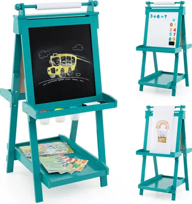 Produktbild von GOPLUS Tafel Kinder, 3-in-1 Kindertafel mit Whiteboard & Magnetischer Tafel, faltbare Malstaffelei mit Papierrolle & 3 Farbpaletten, Grün