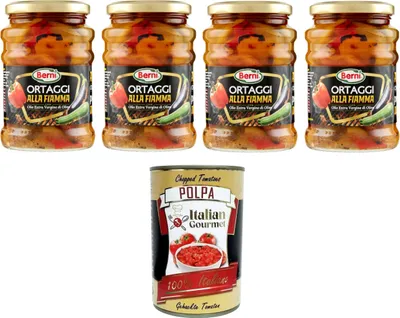 Produktbild von Berni Ortaggi alla Fiamma con Olio Extra Vergine di Oliva Flammgemüse mit Nativem Olivenöl Extra 4x 350 g+ Italian Gourmet polpa 400g