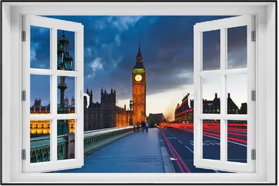 Produktbild von Wallario Wandbild mit Fenster-Illusion: London- Big Ben bei Nacht, Größe: 61 x 91,5 cm, Poster mit schwarzem Aluminiumrahmen