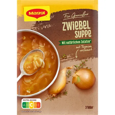 A package of Maggi Zwiebel Suppe (Onion Soup) with a bowl of soup and ingredients shown.