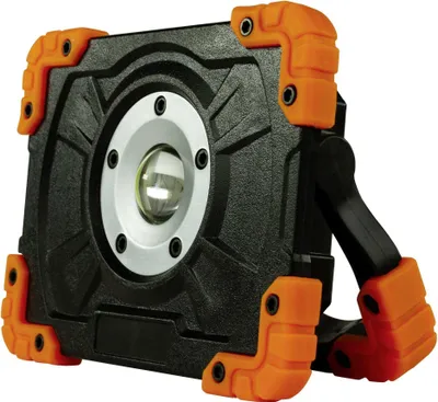 A black and orange LED work light is shown against a white background.