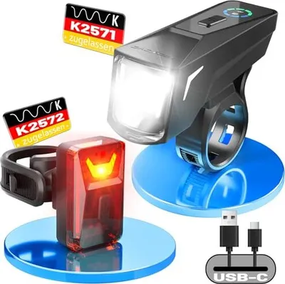 Produktbild von Fahrradlicht Set mit Lightsensesensor, bis zu 70 Lux LED Fahrradbeleuchtung, StVZO zugelassen, USB Aufladbar Fahrradlampe, IPX6 Wasserdicht, 2500 mAh