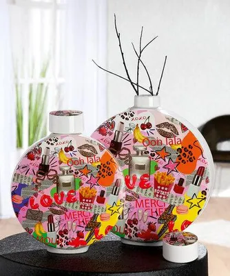 Produktbild von Gilde Deckelvase, rund, "OOH LALA", Popart, Keramik, mehrfarbig, VE 1, L. 7.5 cm, B. 24 cm, H. 29.5 cm 62465