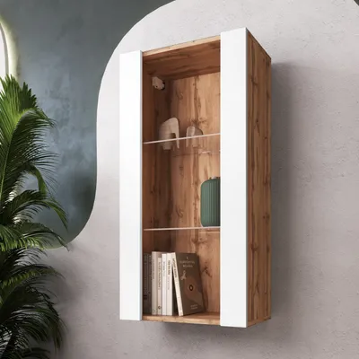 Produktbild von Komodee, Hängende Vitrine Schrank Tivoli, Weiß/Wotan, Breite 50cm x Höhe 100cm 50cm x Tiefe 29cm, 2 Regalböden, für Wohnzimmer, Schlafzimmer, Eingang