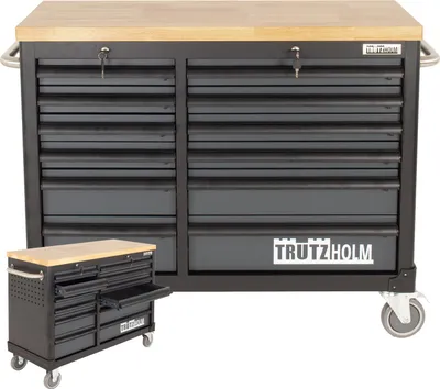 Produktbild von Werkstattwagen DELUXE 12 Schubladen 123 cm Breite unbestückt mit massiver Arbeitsplatte Anthrazit