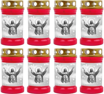 Image de Bougie funéraire - Lot de 8 - Rouge 40h ( Couvercle doré ) - Jésus