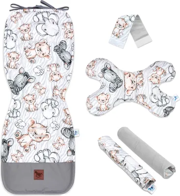 Produktbild von Pepi Doppelseitige Sitzauflage für Kinderwagen mit grau Samt - 5er Set Sitzeinlage Sitzbezug für Buggy Babyschale Safari