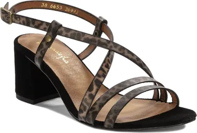 Produktbild von Sandalen aus Leder Panthermuster Braun-Schwarz 6,5 cm Stollenabsatz Modell 0665320000