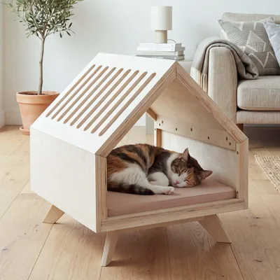 Image de Abri pour animaux HWC-Q65, adapté aux chats et aux chiens, en bois FSC®, dimensions 58x50x60 cm, couleur naturelle, avec coussin beige