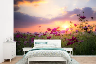Produktbild von MuchoWow® Fototapete für Wohnzimmer oder Schlafzimmer Wandtapete Vinyl Motivtapete Blumen - Rosa - Sonnenuntergang - Natur - Wiese - Horizont - 360x240 cm - Vinyl-Tapete