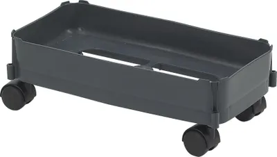 A dark gray plastic mobile stand for a computer tower with four wheels.