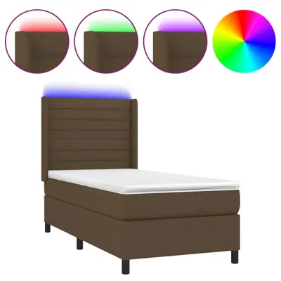 Image de vidaXL Lit Boxspring avec matelas & LED Marron foncé 100x200 cm Tissu