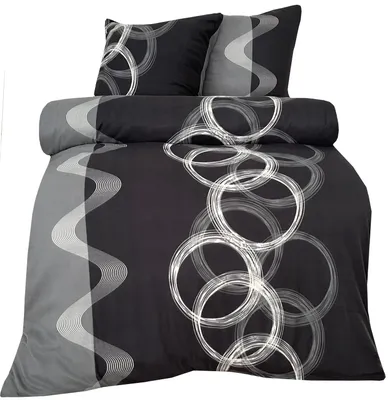 Produktbild von Thermofleece Mikrofaser Bettwäsche Set 135x200 cm Winter Grau Schwarz Kreise und Streifen Design mit Reißverschluss