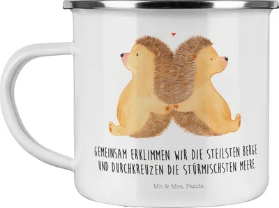 Produktbild von Mr. & Mrs. Panda Emaille Tasse Igel händchenhaltend - Weiß - Geschenk, Liebe, Verknallt, Hochzeit, Outdoor, Love, Becher, Pott, Freundin, Emailletasse, Verliebt, Teetasse