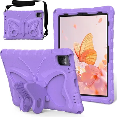 Produktbild von Kinder Hülle für iPad Air 11" M3/M2 2025/2024, iPad Air 2022/2020 10,9", iPad Air 5/4 Leicht Stoßfeste EVA Kindgerechtes Schutzhülle mit Schultergurt, Schmetterlings-Ständer Lila