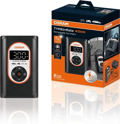 A product shot of a tire inflator and its packaging.