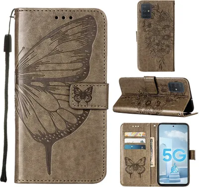 Produktbild von Galaxy A51 5G Hülle, Schmetterling Prägung Flip Leder Kartenfächer Schutzhülle Ledertasche mit Ständer für Samsung Galaxy A51 5G Grau