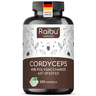 Obrázok produktu pre Kapsule s cordycepsom – extrakt (10:1), vegánske a s čiernym korením – RAIBU