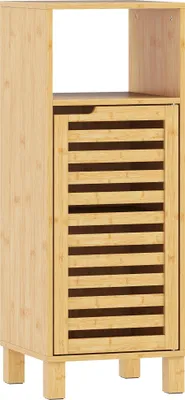 Produktbild von Badezimmerschrank, offenes Regal, Schrank, Bambusholz, Lamellentür, Hellbraun