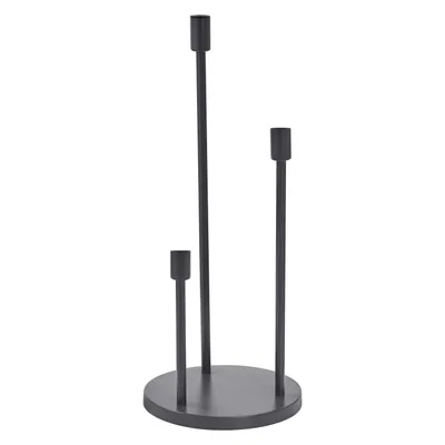 A dark grey, three-stemmed candelabra on a circular base, isolated on a white background.