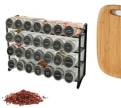 Produktbild von Gewürzregal-Organizer, 4-stufiges Metallgitter, 28 Glasbehälter, Abmessungen 34,5 x 10 x 23,5 cm, Tragfähigkeit 5 kg, Nettogewicht 4,5 kg