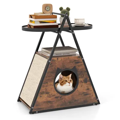Produktbild von GOPLUS 2 in 1 Katzenschrank & Beistelltisch, dreieckiger Nachttisch mit verstecktem Katzenhaus & Sisalmatten, Haustiermöbel Indoor, Braun