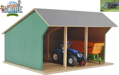 A toy farm shed with a tractor and trailer inside, set against a white background.
