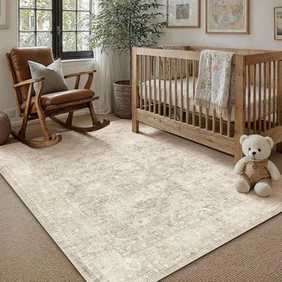 Obrázek produktu pro Vintage koberec v béžové barvě, rozměry 120 x 170 cm, pratelný, s protiskluzovou úpravou a s krátkým vlasem