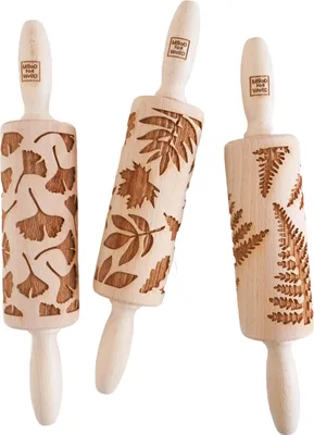 Immagine prodotto di MoodForWood mattarello in legno, 25 cm, con manici, set di 3, inciso, perfetto per la pasticceria - motivo a foglie