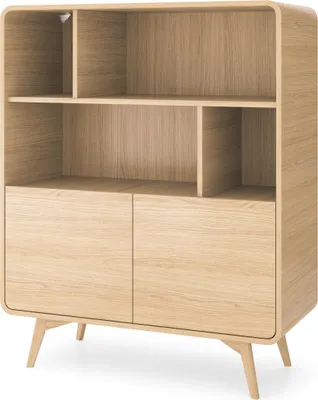 A light oak bookshelf with two doors at the bottom and open shelves above.