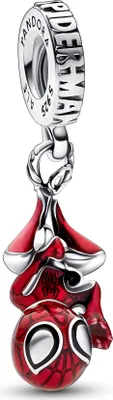 A close-up studio shot of a Pandora Spider-Man charm.