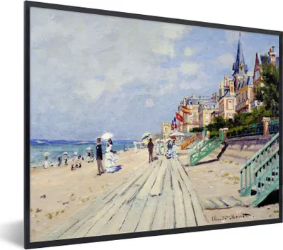 Produktbild von MuchoWow® Gerahmtes Poster Die Strandpromenade von Trouville - Gemälde von Claude Monet 80x60 cm - Poster mit Schwarzem Bilderrahmen Wandposter Rahmen Foto Bilder - Schwarzem - Mit Gestell