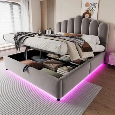 Produktbild von okwish Polsterbett 140×200 mit Matratze und LED-Lichtleiste, Jugendbett mit hydraulischem Stauraum,Samtstoff,Einzelbett in Grau
