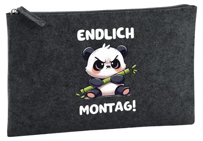 Produktbild von Huuraa Kulturbeutel Endlich Montag grimmiger Panda 1 Liter Charcoal Filz Kosmetiktasche Geschenkidee