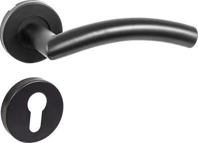 A black door handle set with a round rosette and a keyhole escutcheon, presented against a white background.