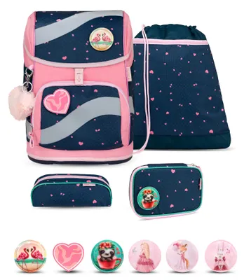Produktbild von Belmil Smarty ergonomisches Schulranzen Set 5-teilig "In Love With Hearts" mit Brustgurt, Hüftgurt, Magnetverschluss, Patch Set 6 Stück