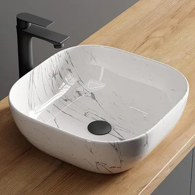 Imagen del producto de Lavabo Aquil Deluxe, diseño cuadrado | Lavabo de encimera para baños y aseos de invitados | Lavabo sin grifo ni desbordamiento | Mármol blanco, 42,5 x 42,5 x 14 cm