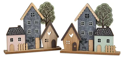 Produktbild von 2er Set Dekoobjekte Häuserzeile mit Baum H. 24cm aus Filz und Holz Formano F25