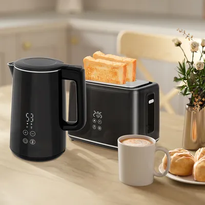 Image de Ensemble grille-pain et bouilloire 2-en-1, grille-pain 2 tranches, ensemble pour le petit-déjeuner, acier inoxydable noir | 1,5 L | 2200 W | 7 niveaux de brunissage | 40–100 °C