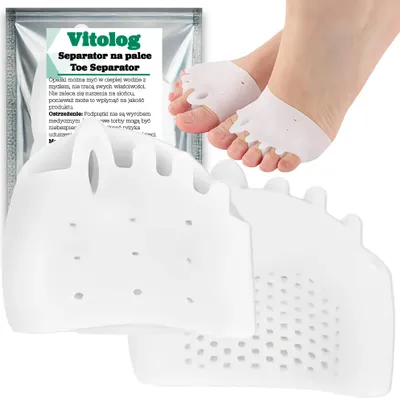 A product shot of toe separators with a close-up of feet wearing them, and packaging in the background.