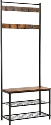 Produktbild von Garderobe mit 9 Haken und Schuhregal - 70x32x175cm - Schwarz und Vintage braun